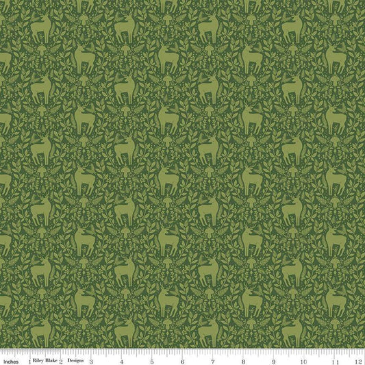 Yuletide Forest Deer Damask C13544 Green - Riley Blake Designs - Christmas Leaves Deer Mushrooms Dots - Quilting Cotton Fabric