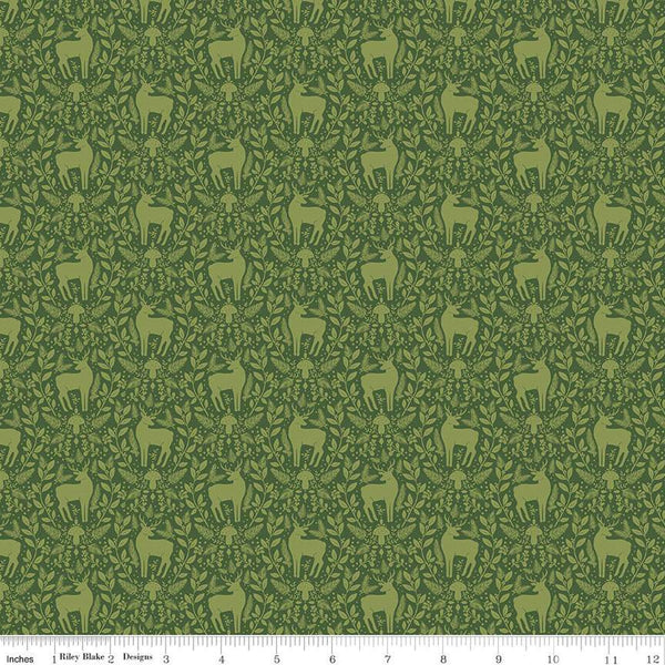 Yuletide Forest Deer Damask C13544 Green - Riley Blake Designs - Christmas Leaves Deer Mushrooms Dots - Quilting Cotton Fabric