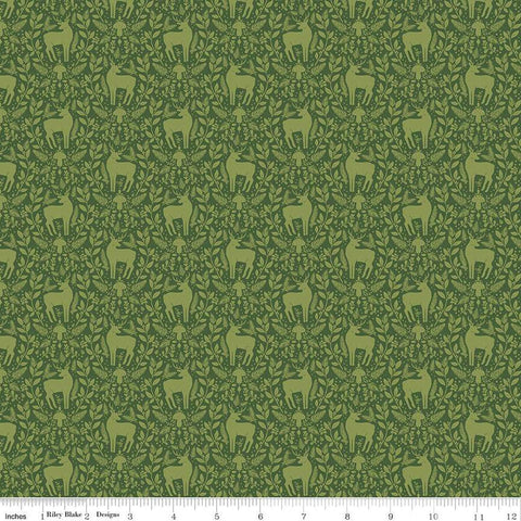 SALE Yuletide Forest Deer Damask C13544 Green - Riley Blake Designs - Christmas Leaves Deer Mushrooms Dots - Quilting Cotton Fabric