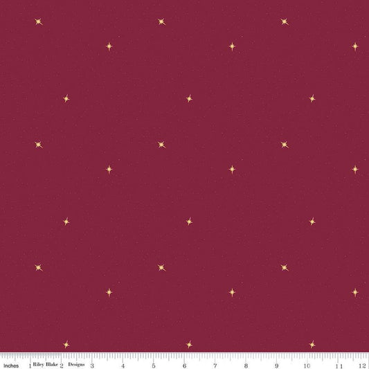 Fat Quarter End of Bolt - Silent Night Follow the Star SC13575 Berry SPARKLE - Riley Blake - Christmas Stars Gold - Quilting Cotton Fabric
