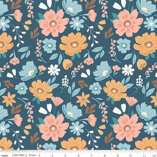 20" End of Bolt - DEAL Live, Love, Glamp Main C13500 Denim - Riley Blake Designs - Floral Flowers - Quilting Cotton Fabric