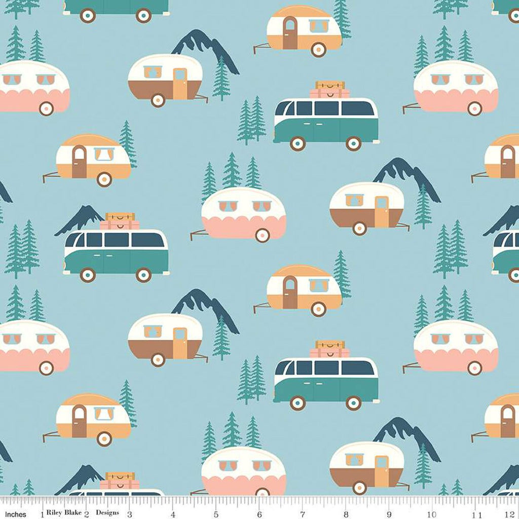 Live, Love, Glamp Trailers C13501 Mist - Riley Blake Designs - Glamping Camping Trailers Vans Trees Mountains - Quilting Cotton Fabric