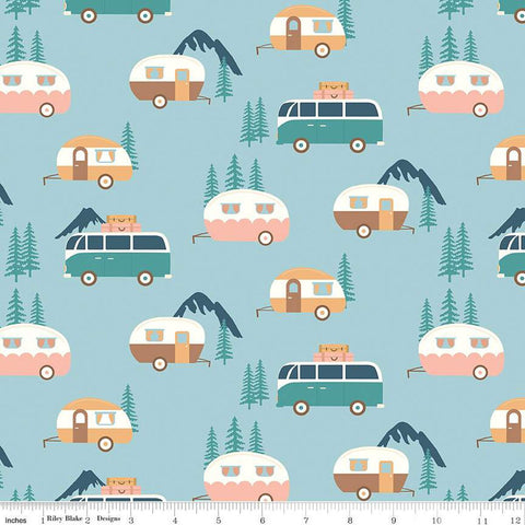 26" End of Bolt - Live, Love, Glamp Trailers C13501 Mist - Riley Blake - Glamping Camping Vans Trees Mountains - Quilting Cotton Fabric