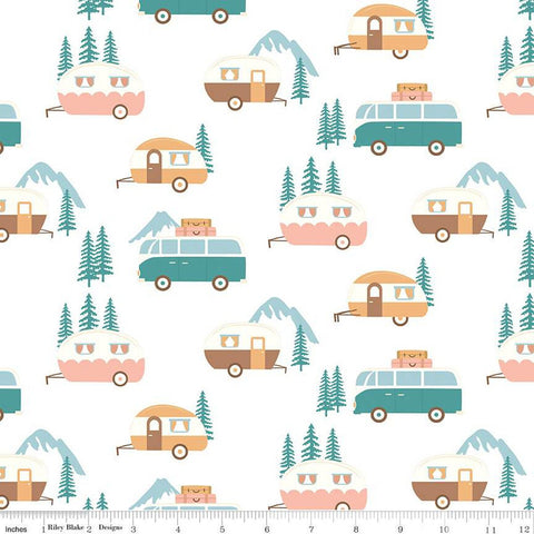 Live, Love, Glamp Trailers C13501 White - Riley Blake Designs - Glamping Camping Trailers Vans Trees Mountains - Quilting Cotton Fabric