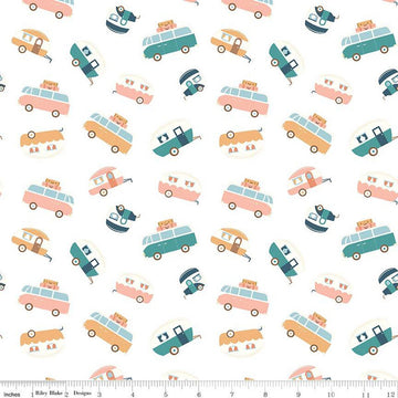 SALE Live, Love, Glamp Trailers Toss C13503 White - Riley Blake Designs - Glamping Camping Trailers Vans - Quilting Cotton Fabric