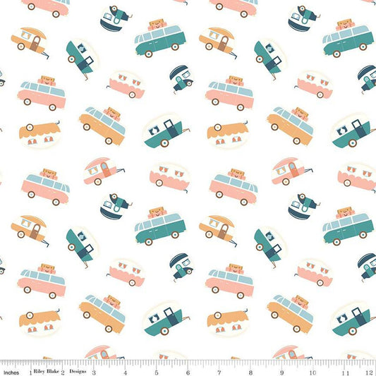 SALE Live, Love, Glamp Trailers Toss C13503 White - Riley Blake Designs - Glamping Camping Trailers Vans - Quilting Cotton Fabric