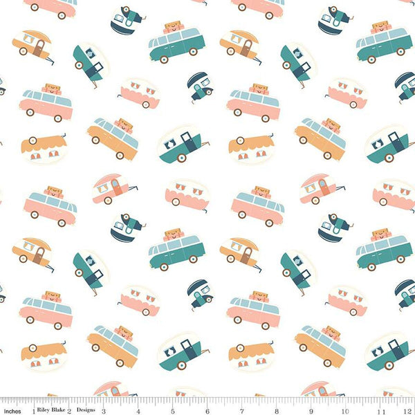 SALE Live, Love, Glamp Trailers Toss C13503 White - Riley Blake Designs - Glamping Camping Trailers Vans - Quilting Cotton Fabric