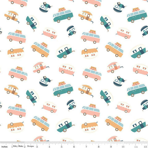 Live, Love, Glamp Trailers Toss C13503 White - Riley Blake Designs - Glamping Camping Trailers Vans - Quilting Cotton Fabric