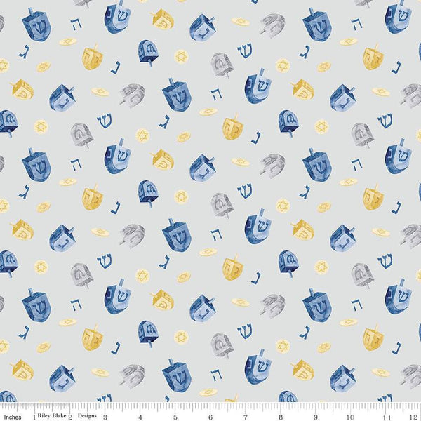 Fat Quarter End of Bolt - CLEARANCE Hanukkah Nights Dreidels C13431 Gray - Riley Blake - Stars of David Dreidels - Quilting Cotton Fabric