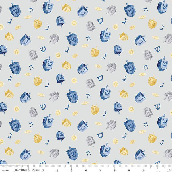 Fat Quarter End of Bolt - CLEARANCE Hanukkah Nights Dreidels C13431 Gray - Riley Blake - Stars of David Dreidels - Quilting Cotton Fabric