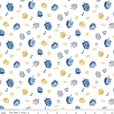 SALE Hanukkah Nights Dreidels C13431 White - Riley Blake Designs - Stars of David Dreidels - Quilting Cotton Fabric