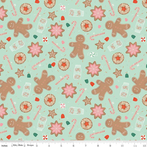 19" End of Bolt - Holiday Cheer Main C13610 Mint - Riley Blake - Christmas Gingerbread Men Cookies Candy Canes - Quilting Cotton Fabric