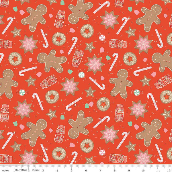 Holiday Cheer Main C13610 Red - Riley Blake Designs - Christmas Gingerbread Men Cookies Candy Canes Sprinkles - Quilting Cotton Fabric