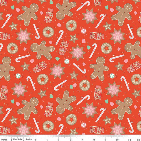 SALE Holiday Cheer Main C13610 Red - Riley Blake Designs - Christmas Gingerbread Men Cookies Candy Canes Sprinkles - Quilting Cotton Fabric