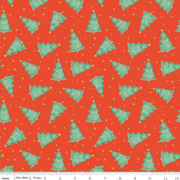 15" End of Bolt - SALE Holiday Cheer Trees C13612 Red - Riley Blake Designs - Christmas Trees Stars - Quilting Cotton Fabric