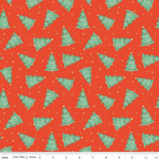 15" End of Bolt - SALE Holiday Cheer Trees C13612 Red - Riley Blake Designs - Christmas Trees Stars - Quilting Cotton Fabric