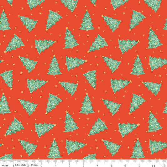 15" End of Bolt - SALE Holiday Cheer Trees C13612 Red - Riley Blake Designs - Christmas Trees Stars - Quilting Cotton Fabric