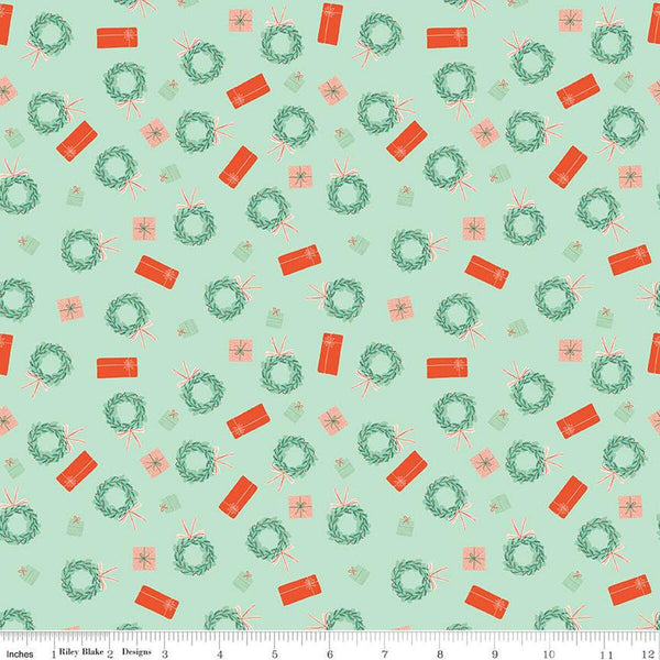 CLEARANCE Holiday Cheer Wreaths C13614 Mint - Riley Blake  - Christmas Wreaths Presents - Quilting Cotton