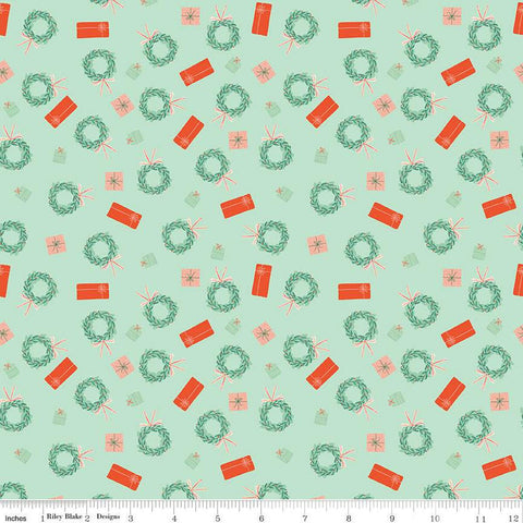 CLEARANCE Holiday Cheer Wreaths C13614 Mint - Riley Blake  - Christmas Wreaths Presents - Quilting Cotton