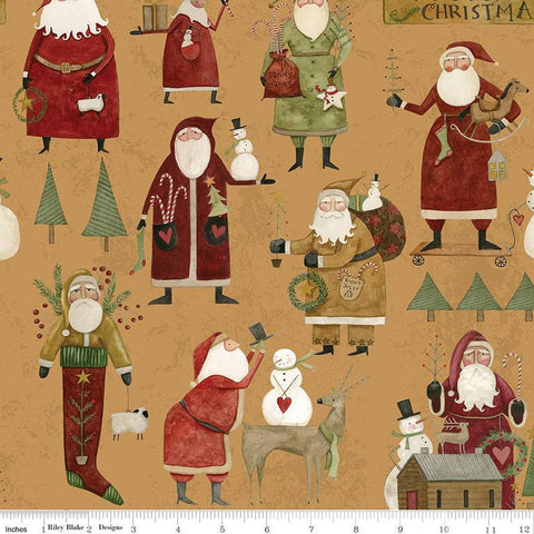 SALE Kringle Main C13440 Gold - Riley Blake Designs - Christmas Folk Art Santas Santa Claus - Quilting Cotton Fabric