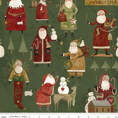 SALE - 12" End of Bolt - Kringle Main C13440 Green - Riley Blake - Christmas Folk Art Santas Santa Claus - Quilting Cotton Fabric