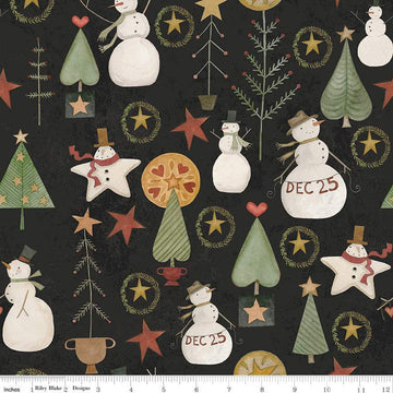 Fat Quarter End of Bolt - SALE Kringle Jacks and Trees C13441 Charcoal - Riley Blake - Christmas Folk Art Snowmen - Quilting Cotton Fabric