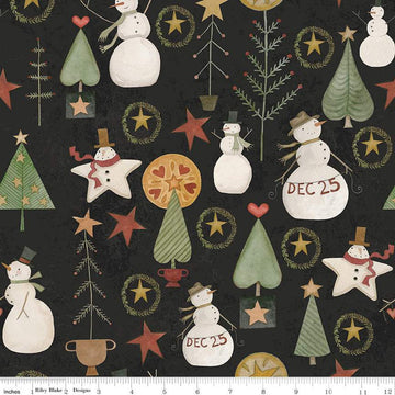 Fat Quarter End of Bolt - SALE Kringle Jacks and Trees C13441 Charcoal - Riley Blake - Christmas Folk Art Snowmen - Quilting Cotton Fabric