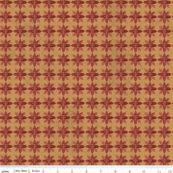 CLEARANCE Kringle Poinsettias C13443 Gold - Riley Blake - Christmas Folk Art Floral Flowers - Quilting Cotton Fabric