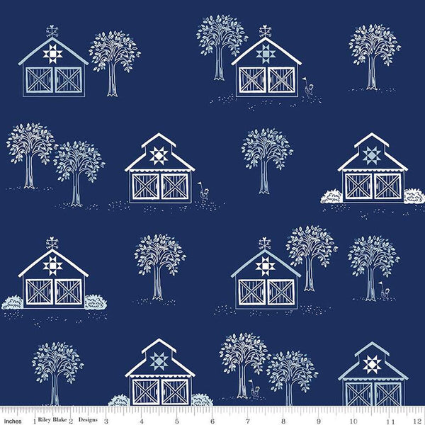 Simply Country Main C13410 Navy - Riley Blake Designs - Barns Trees - Quilting Cotton Fabric