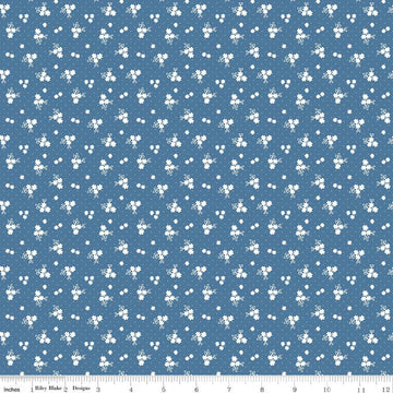 SALE Simply Country Floral C13416 Denim - Riley Blake Designs - Dots White Flowers - Quilting Cotton Fabric