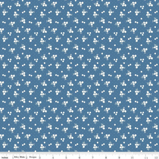 SALE Simply Country Floral C13416 Denim - Riley Blake Designs - Dots White Flowers - Quilting Cotton Fabric
