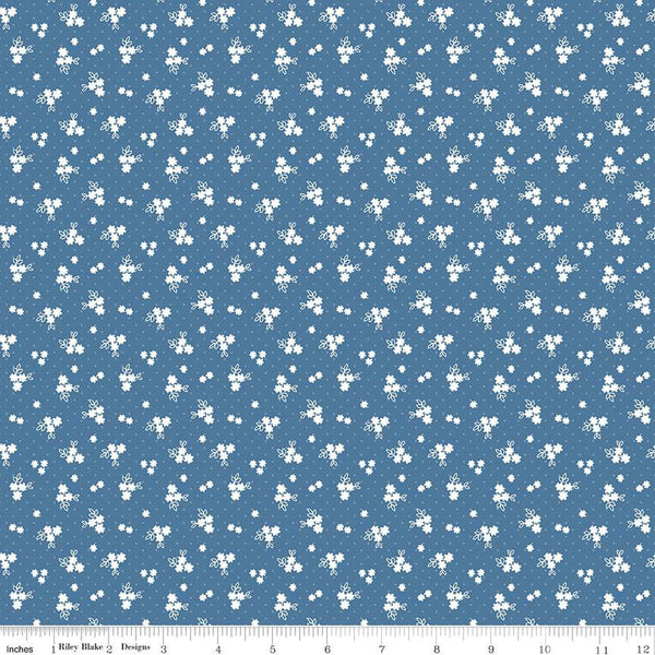 SALE Simply Country Floral C13416 Denim - Riley Blake Designs - Dots White Flowers - Quilting Cotton Fabric