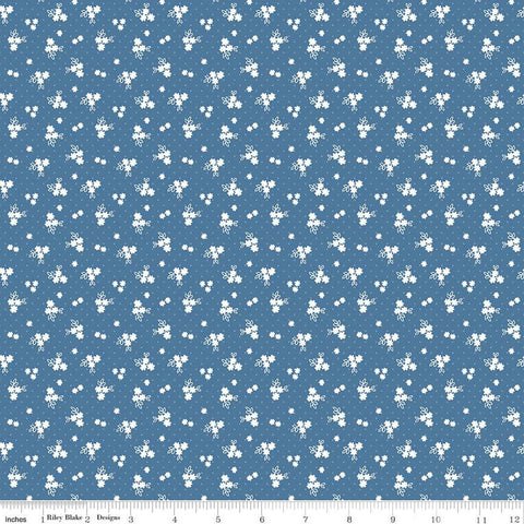 SALE Simply Country Floral C13416 Denim - Riley Blake Designs - Dots White Flowers - Quilting Cotton Fabric