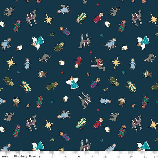 Silent Night Story Characters SC13571 Midnight SPARKLE - Riley Blake Designs - Christmas Nativity Gold SPARKLE - Quilting Cotton Fabric