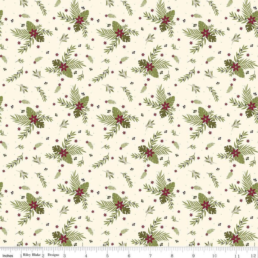 Silent Night Olive Branch SC13572 Ivory SPARKLE - Riley Blake Designs - Christmas Flowers Leaves Gold SPARKLE - Quilting Cotton Fabric