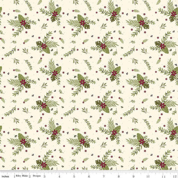 32" End of Bolt - Silent Night Olive Branch SC13572 Ivory SPARKLE - Riley Blake - Christmas Flowers Leaves Gold - Quilting Cotton Fabric