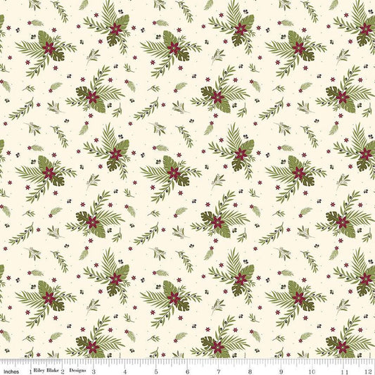32" End of Bolt - Silent Night Olive Branch SC13572 Ivory SPARKLE - Riley Blake - Christmas Flowers Leaves Gold - Quilting Cotton Fabric
