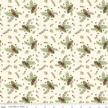 32" End of Bolt - Silent Night Olive Branch SC13572 Ivory SPARKLE - Riley Blake - Christmas Flowers Leaves Gold - Quilting Cotton Fabric