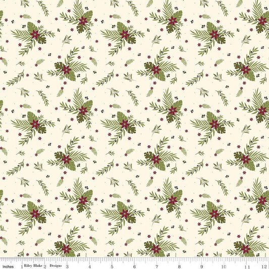 32" End of Bolt - Silent Night Olive Branch SC13572 Ivory SPARKLE - Riley Blake - Christmas Flowers Leaves Gold - Quilting Cotton Fabric