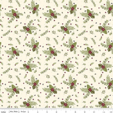 15" End of Bolt - Silent Night Olive Branch SC13572 Ivory SPARKLE - Riley Blake - Christmas Flowers Leaves Gold - Quilting Cotton Fabric