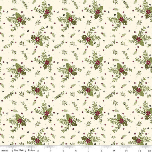 15" End of Bolt - Silent Night Olive Branch SC13572 Ivory SPARKLE - Riley Blake - Christmas Flowers Leaves Gold - Quilting Cotton Fabric