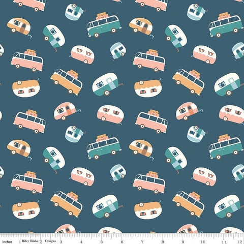 Fat Quarter End of Bolt - SALE Live, Love, Glamp Trailer Toss C13503 Denim - Riley Blake - Camping Glamping Trailers  Quilting Cotton Fabric