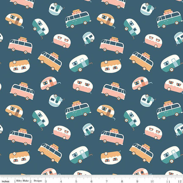 32" End of Bolt - SALE Live, Love, Glamp Trailer Toss C13503 Denim - Riley Blake - Camping Glamping Trailers Vans  - Quilting Cotton Fabric