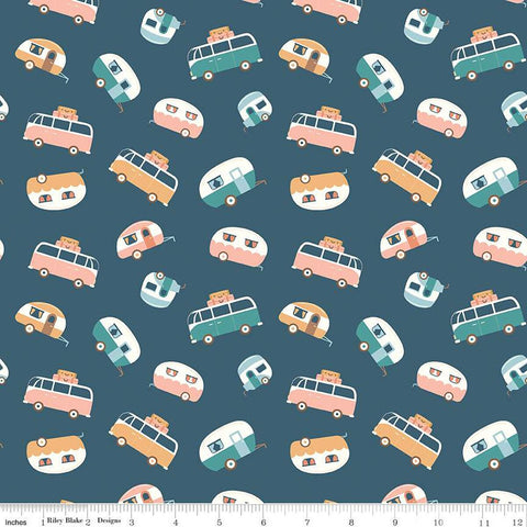 32" End of Bolt - SALE Live, Love, Glamp Trailer Toss C13503 Denim - Riley Blake - Camping Glamping Trailers Vans  - Quilting Cotton Fabric