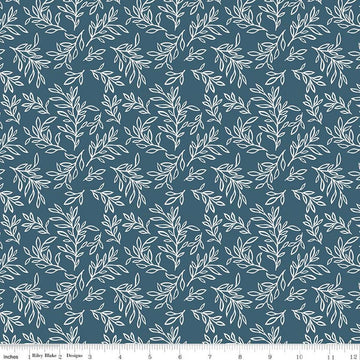27" End of Bolt - SALE Live, Love, Glamp Leaves C13504 Denim - Riley Blake Designs - White Leaf Sprigs - Quilting Cotton Fabric