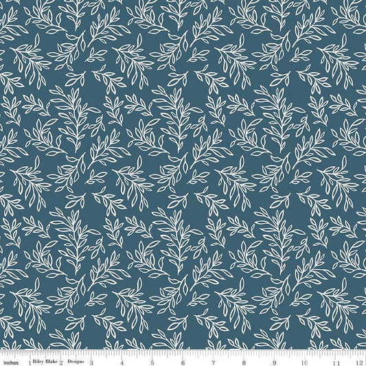 27" End of Bolt - SALE Live, Love, Glamp Leaves C13504 Denim - Riley Blake Designs - White Leaf Sprigs - Quilting Cotton Fabric