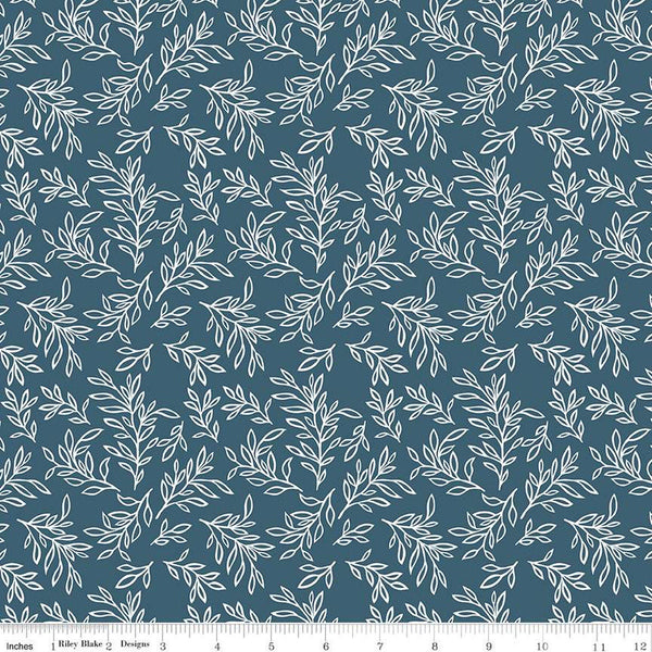 Live, Love, Glamp Leaves C13504 Denim - Riley Blake Designs - White Leaf Sprigs - Quilting Cotton Fabric