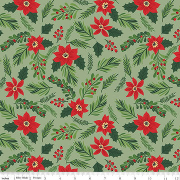 The Magic of Christmas Main C13640 Leaf - Riley Blake Designs - Floral Flowers Poinsettias Leaves Berries - Quilting Cotton Fabric