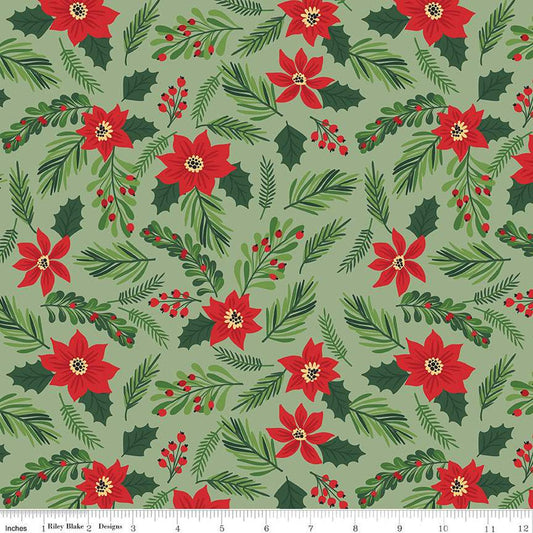 The Magic of Christmas Main C13640 Leaf - Riley Blake Designs - Floral Flowers Poinsettias Leaves Berries - Quilting Cotton Fabric