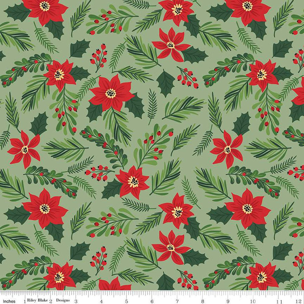 The Magic of Christmas Main C13640 Leaf - Riley Blake Designs - Floral Flowers Poinsettias Leaves Berries - Quilting Cotton Fabric